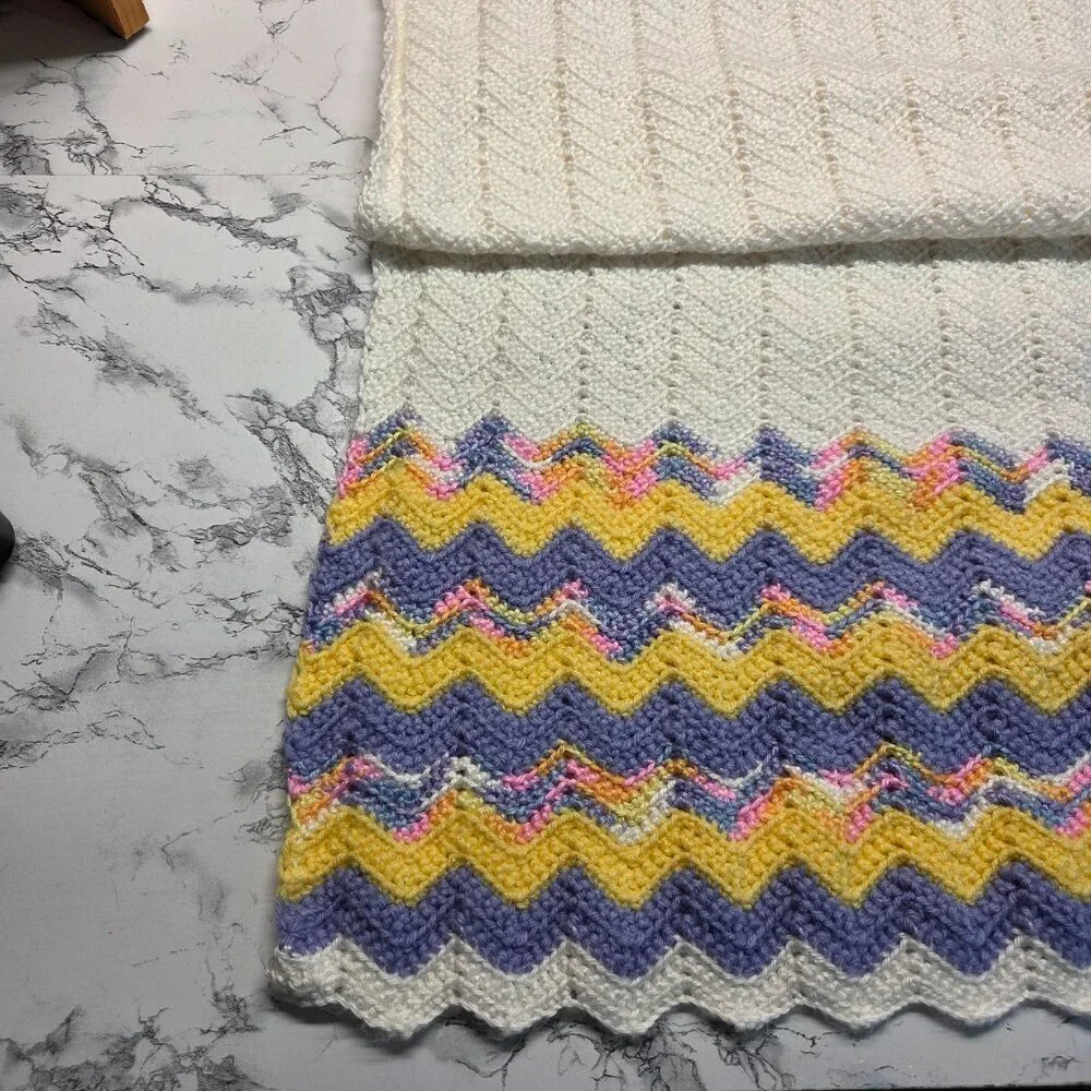 Handmade Yellow Purple Striped Crocheted Easter Baby Blanket